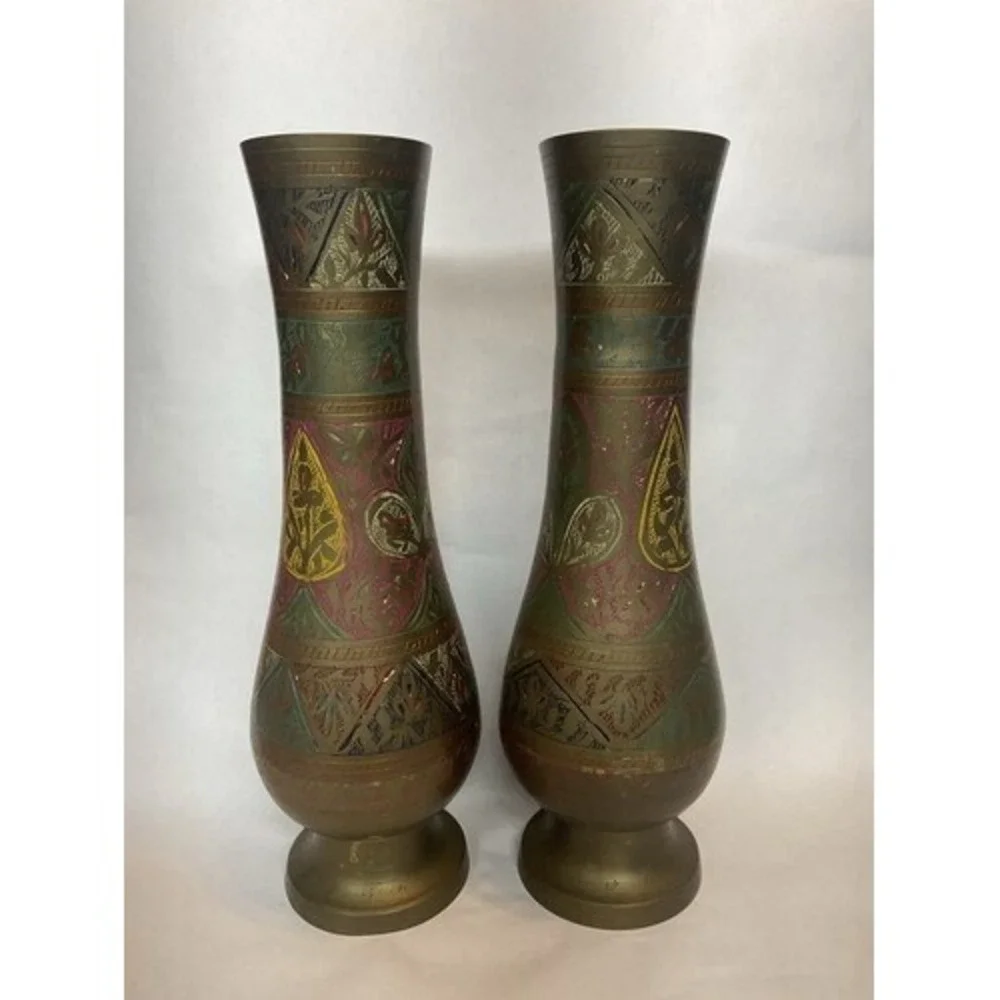 Vintage Set of 2 Brass Hand Etched Multicolored Flower Bud Vases 12